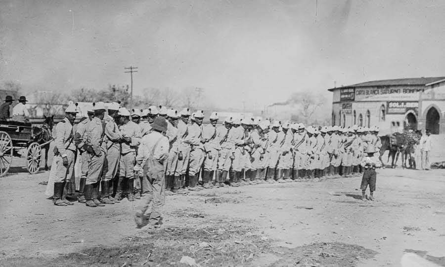 General Navarro’s federal troops form up near a bullring in Ciudad Juarez.