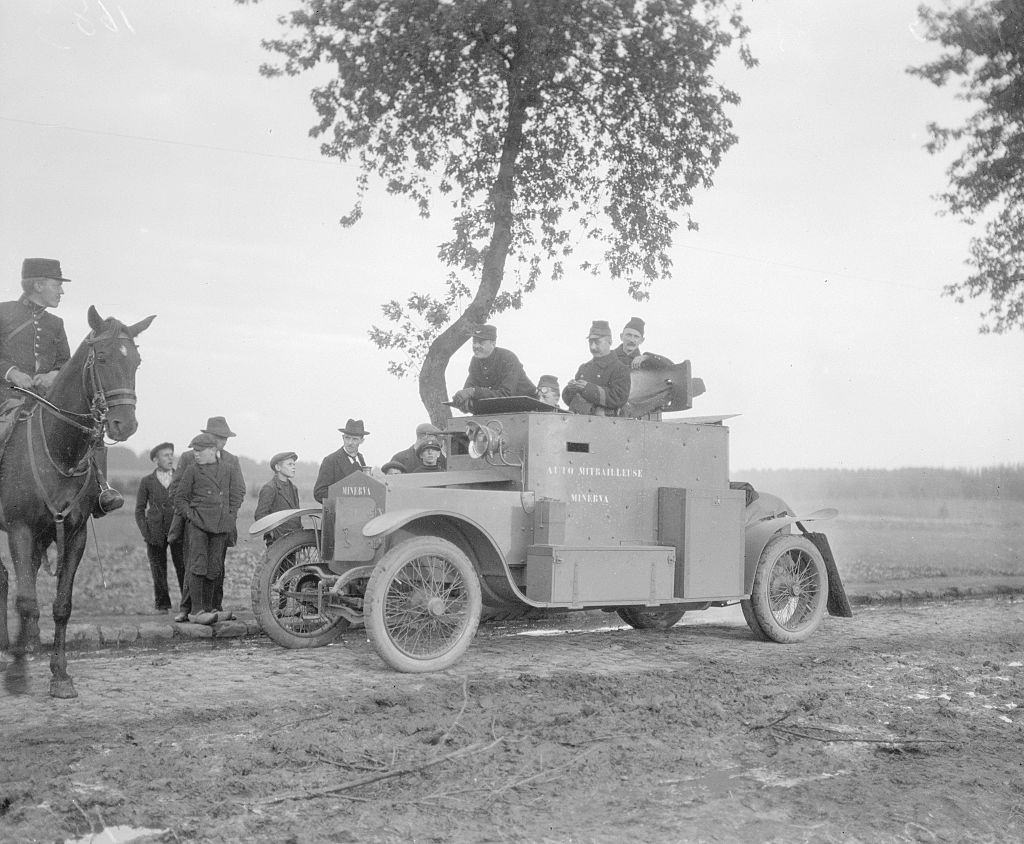 Belgian army armoured car seen here close to Termonde. September 1914