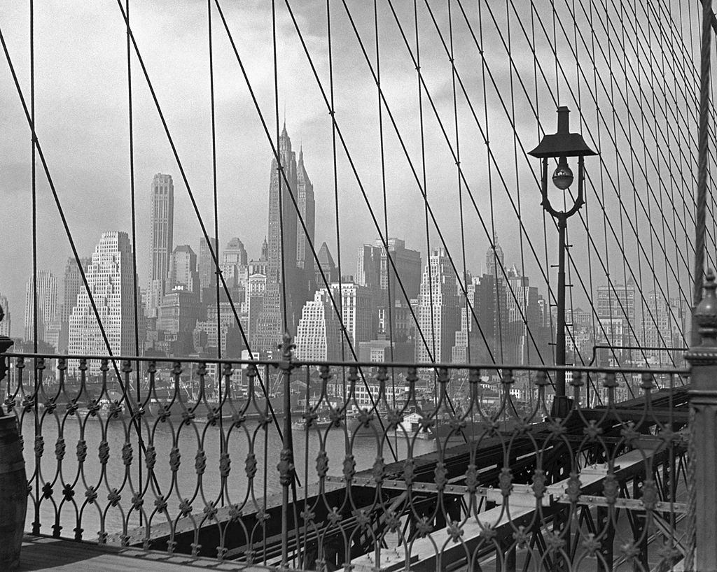 Lower Manhattan from Brooklyn Bridge, 1950s.