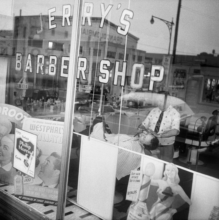 Jerry's Barber Shop, at 15 Atlantic Avenue in Brooklyn Heights, March 1958.