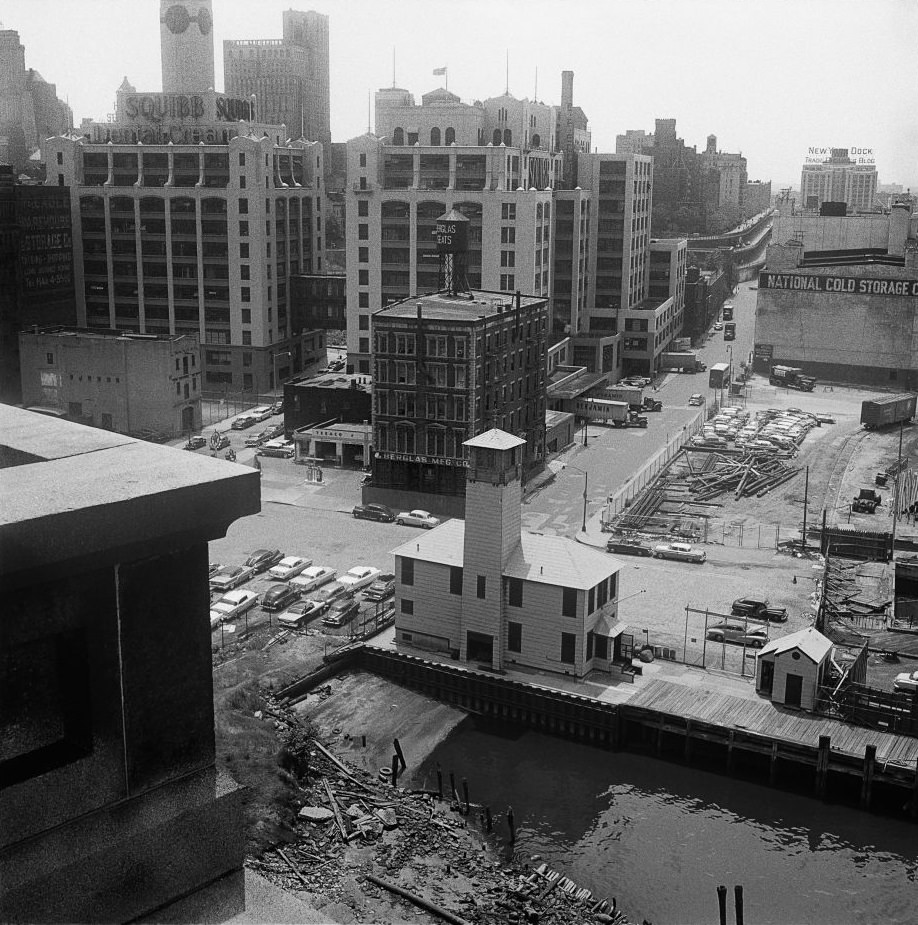 Aerial view of the historic Fulton Ferry Fireboat House, built in 1926 and now an ice cream parlor in Brooklyn Heights, March 1958.