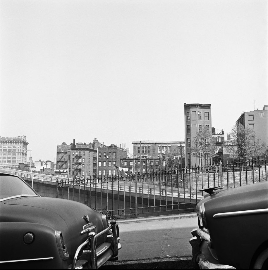 Cars parked along the Promenade in Brooklyn Heights, March 1958.