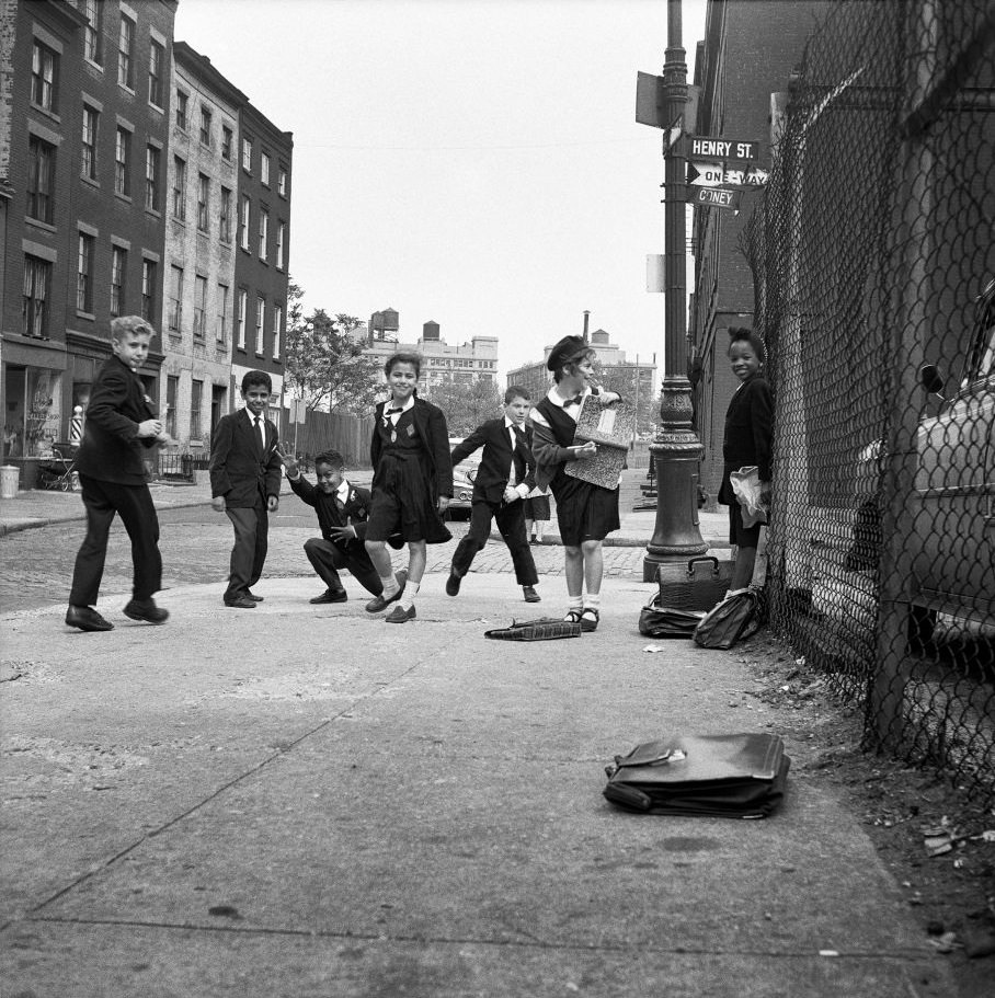 An ethnically diverse group of school children on Henry Street in Brooklyn Heights, March 1958.