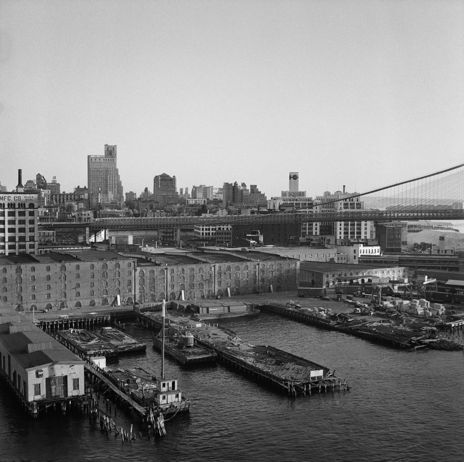 A view of the waterfront in Brooklyn Heights (now called DUMBO), with a view of the Brooklyn Bridge, March 1958.