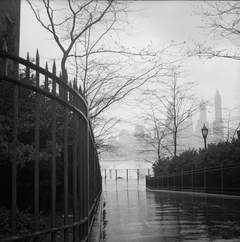 The Brooklyn Heights Promenade in the rain, March 1958.