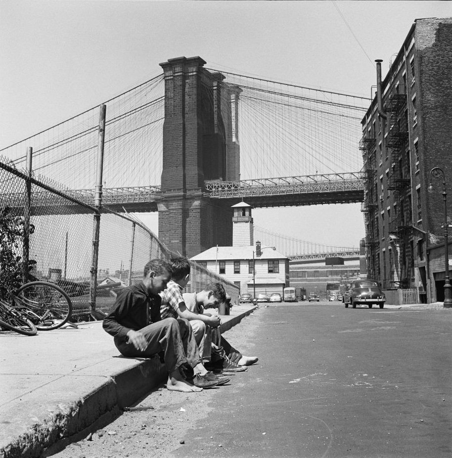 Kids in Brooklyn Heights with the Brooklyn Bridge behind them, March 1958.