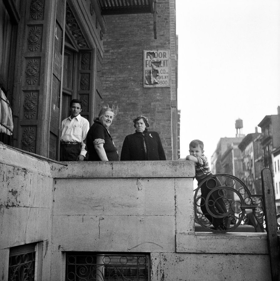 People Gather on Stoop in 1950's Brooklyn Heights.