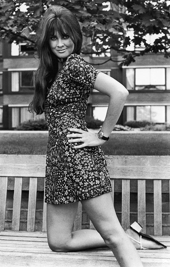 Caroline Munro in a floral mini-dress, 1970.