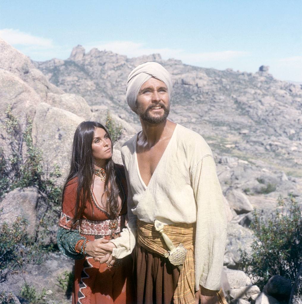 Caroline Munro and American actor John Phillip Law on the set of The Golden Voyage of Sinbad, 1973.