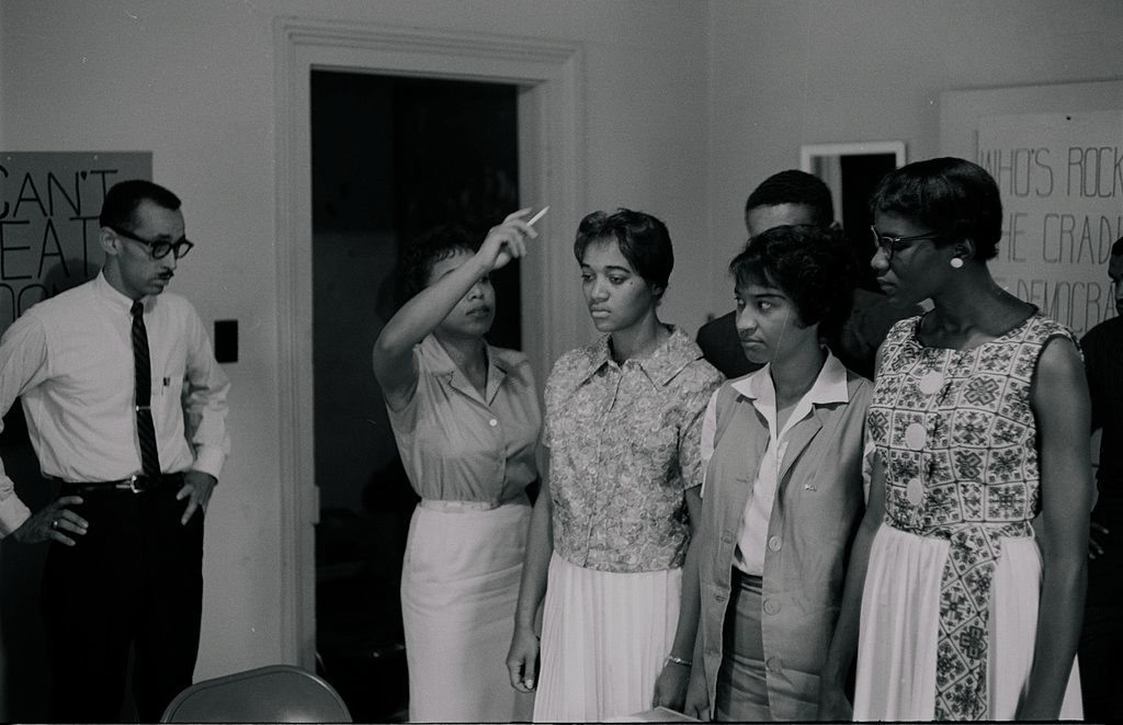 Preparing for non-violent civil disobedience by training for sit-in harassment, in Petersburg, 1960.