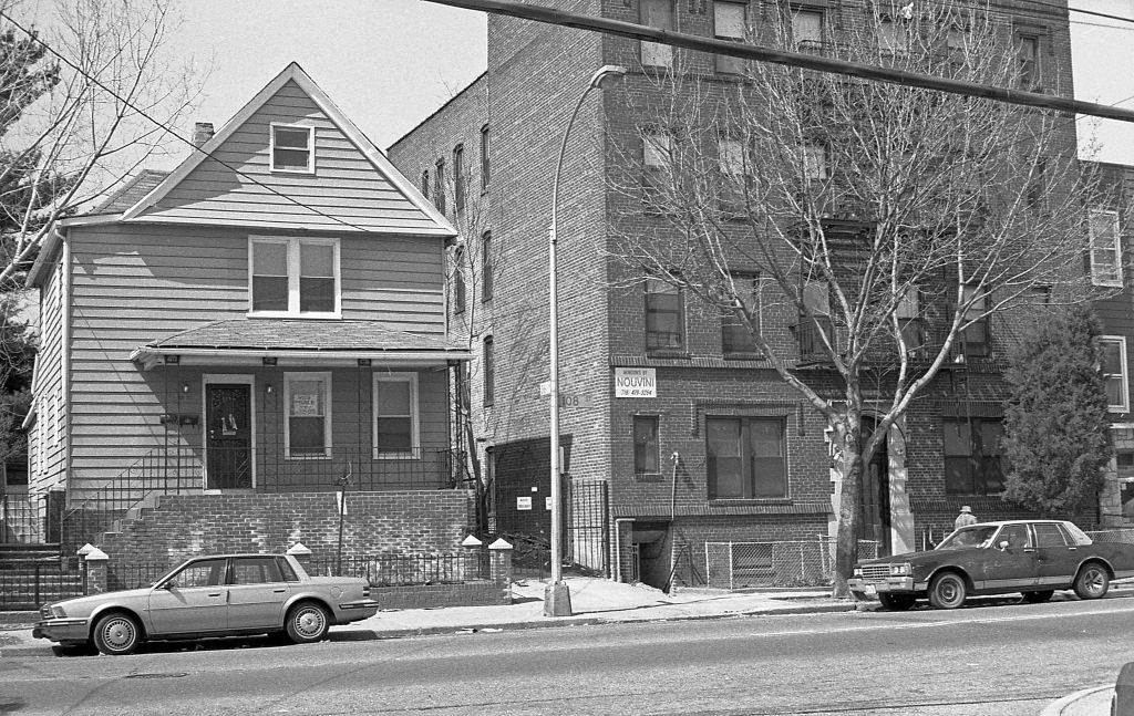 Residential buildings at the intersection of 108th Street and 36th Avenue, in the Corona neighborhood. Queens, New York, 1990.