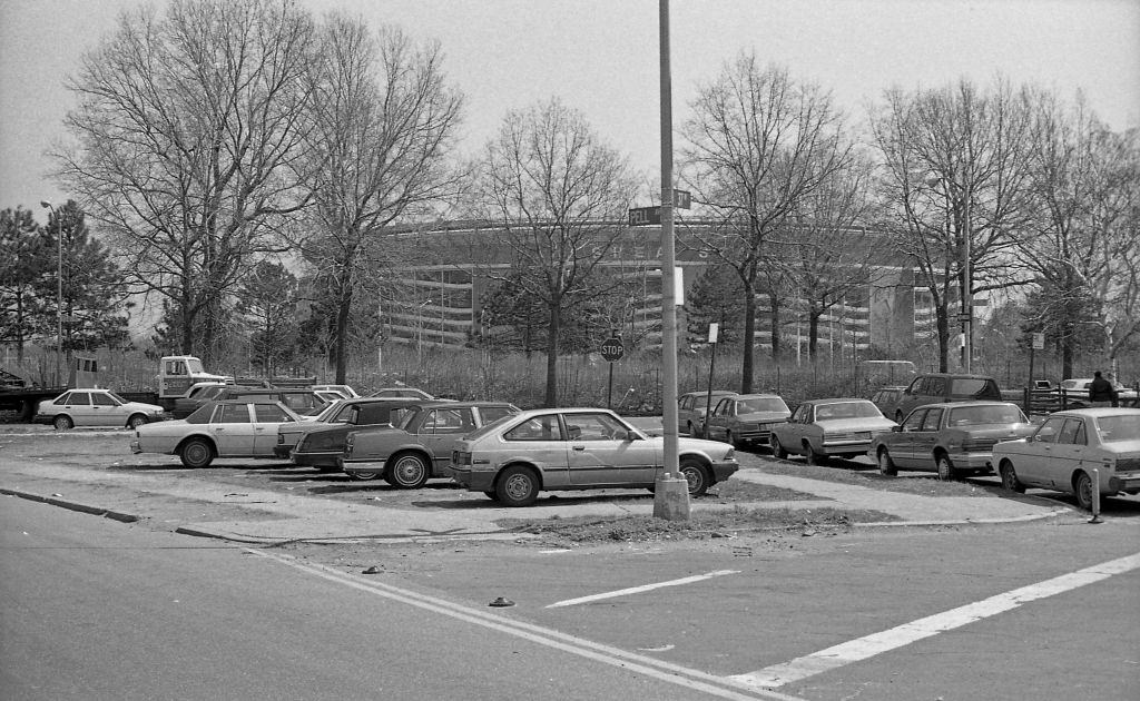 Looking east from the intersection of Pell and 37th avenues, towards Shea Stadium, in the Corona neighborhood. Queens, New York, 1990.
