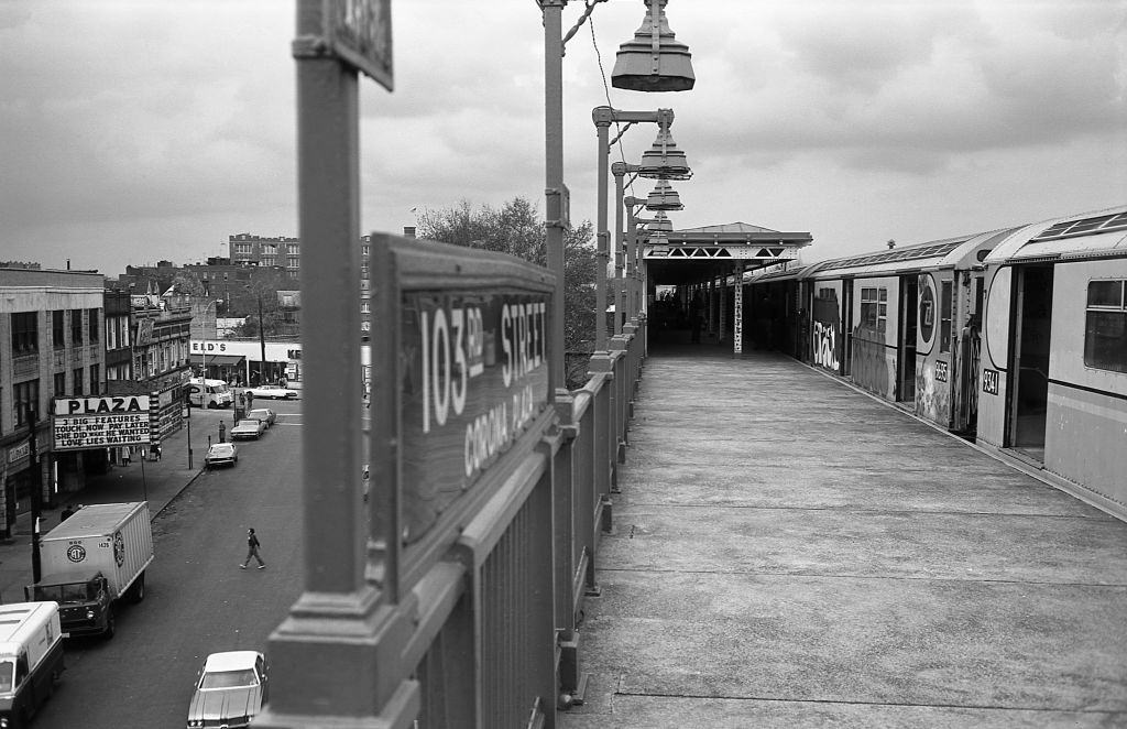 Subway platform at 103rd Street in Corona, Queens, 1974.