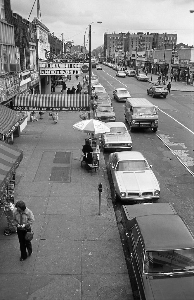 Bingo Parlor, and other small businesses lining Roosevelt Avenue in the heart of Corona, Queens, 1974.