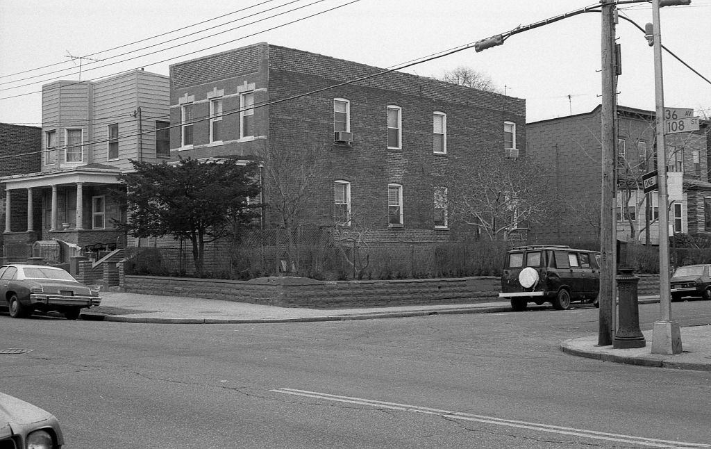 Residential buildings at the intersection of 108th Street and 36th Avenue, in the Corona. Queens, New York, 1982.