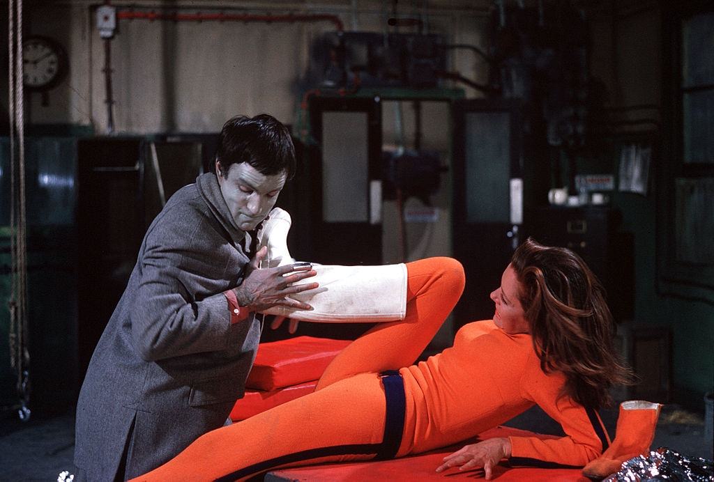 Diana Rigg fights off a villain in a scene from the television series "The Avengers", 1967.
