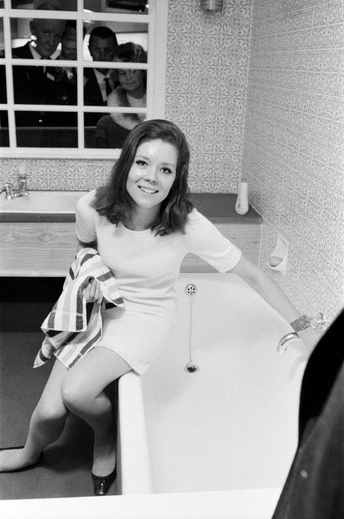 Diana Rigg in a replica of the bathroom at her St Johns Wood flat, 1967.