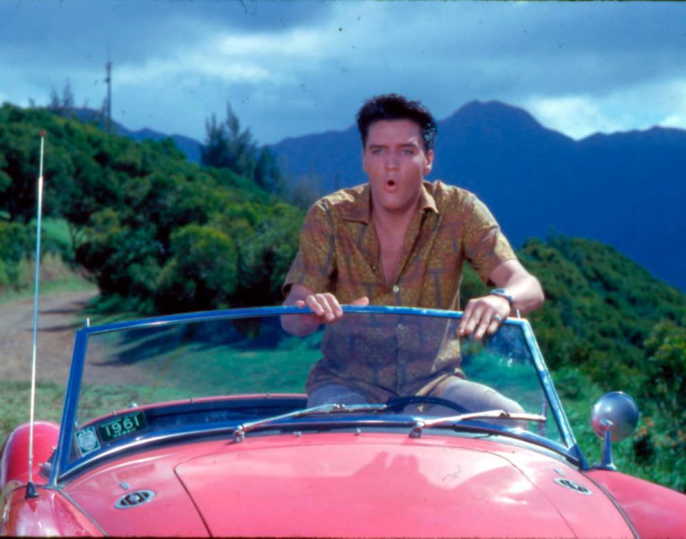 Elvis in a 1960 MG MGA in this still from 1961’s Blue Hawaii.