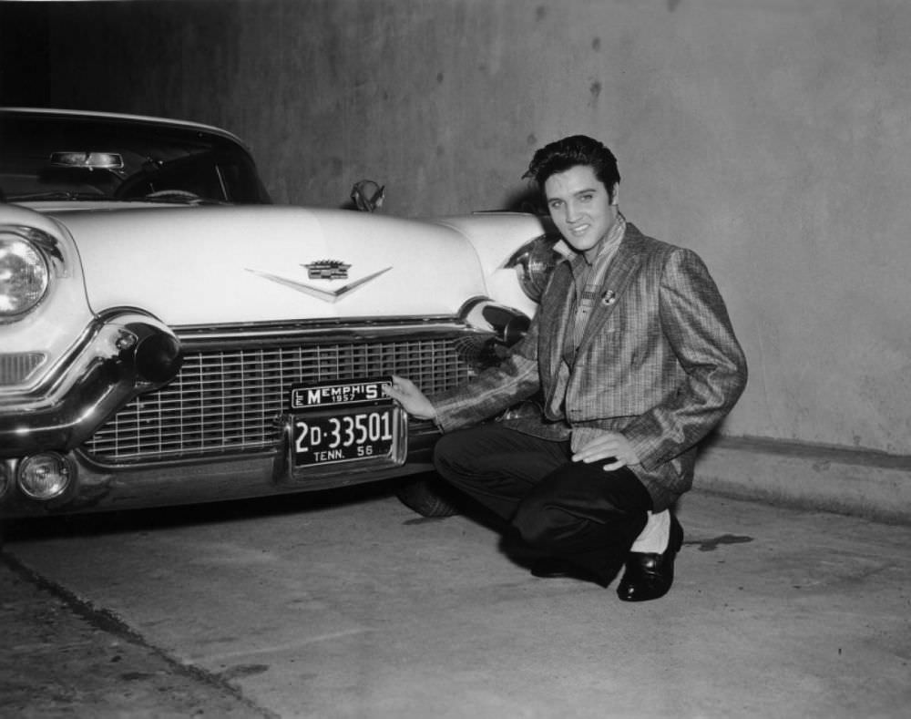 Elvis and a 1956 Cadillac Eldorado in this shot from Hollywood taken in 1957.