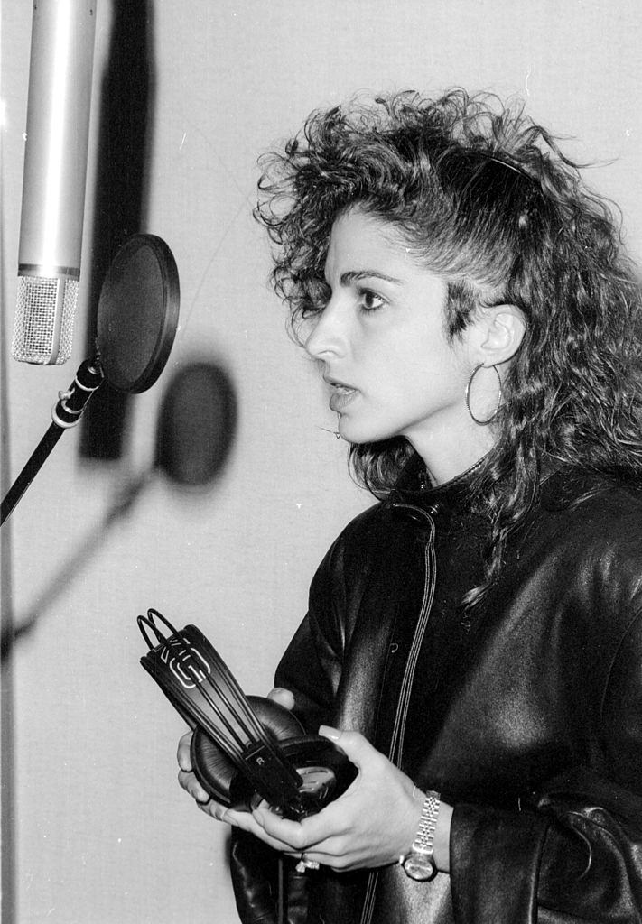 Gloria Estefan in a recording studio, 1984.