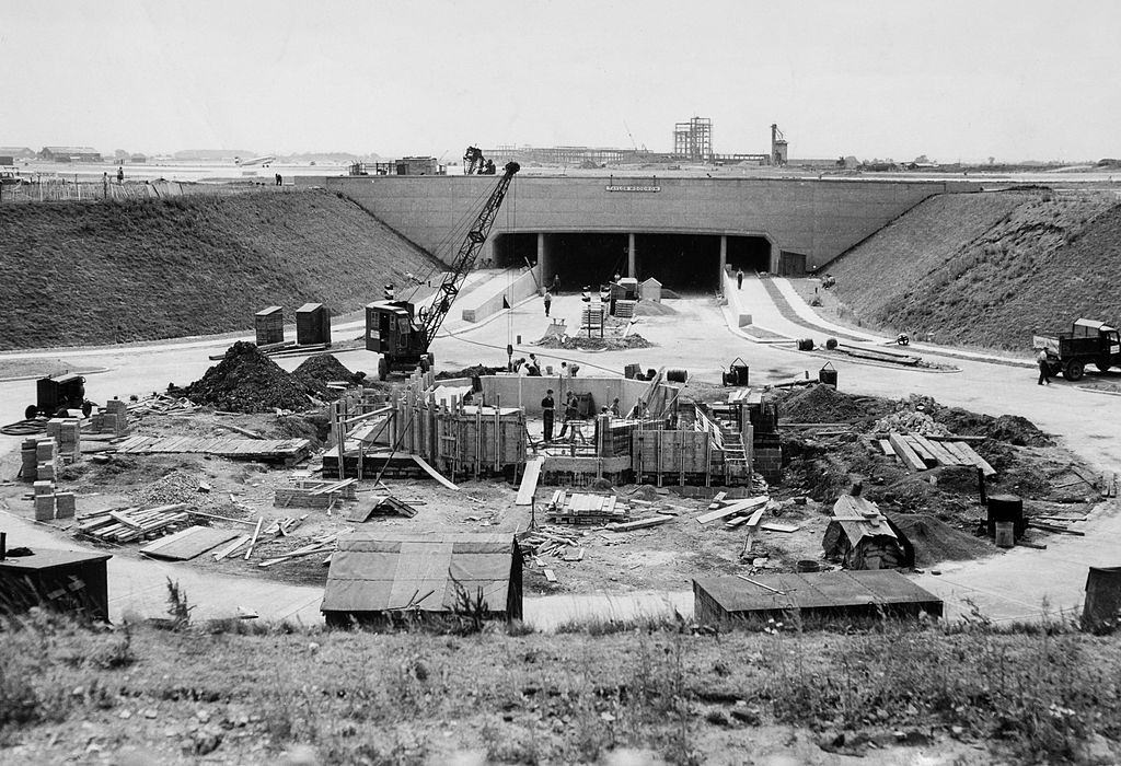 Construction of the main access tunnel under the runway to the central terminal area at Heathrow airport, 1953.