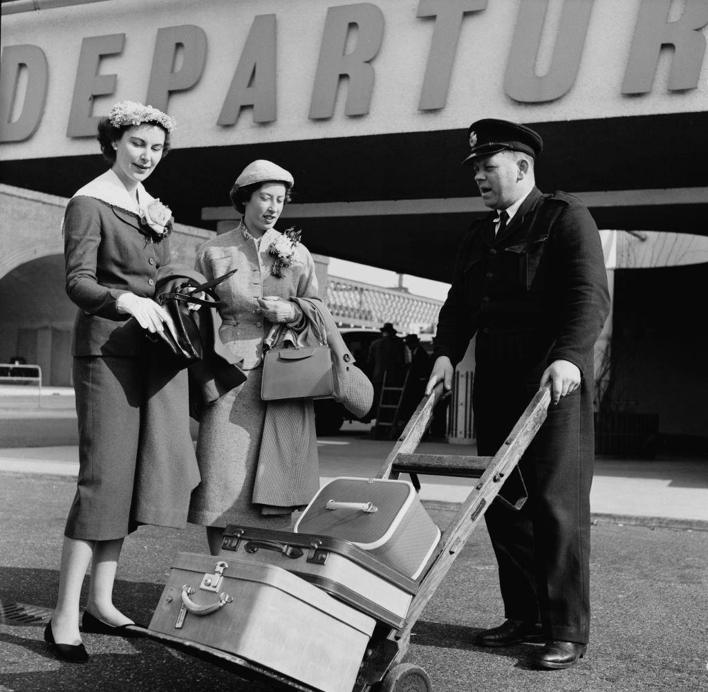 English journalist Anne Scott-James with Joan Downes at Heathrow Airport before a tour of Europe, 15th March 1954.