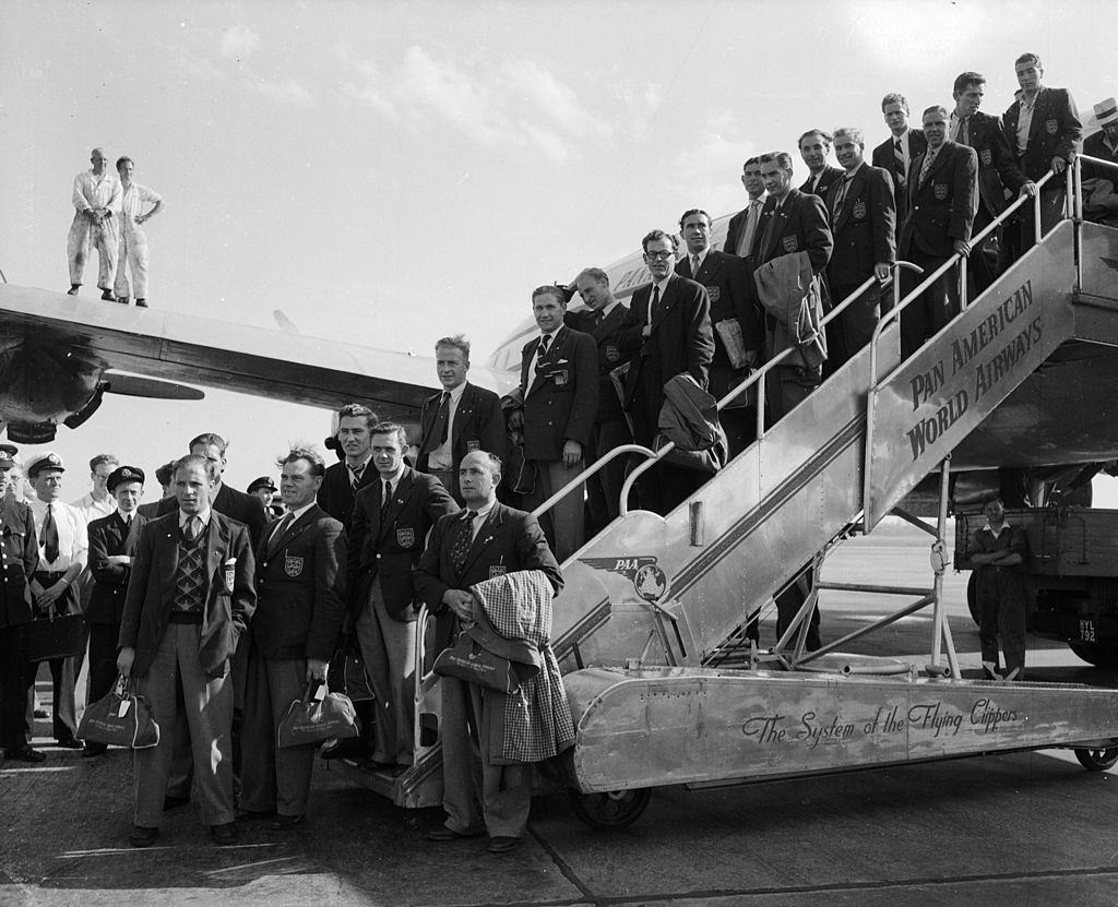 The England football team arrives back at London Airport (Heathrow) from Rio after failure in the World Cup, 10th July 1950