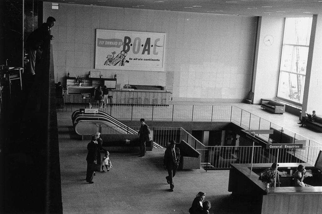 General enquiries desk at Heathrow Airport, 1955.