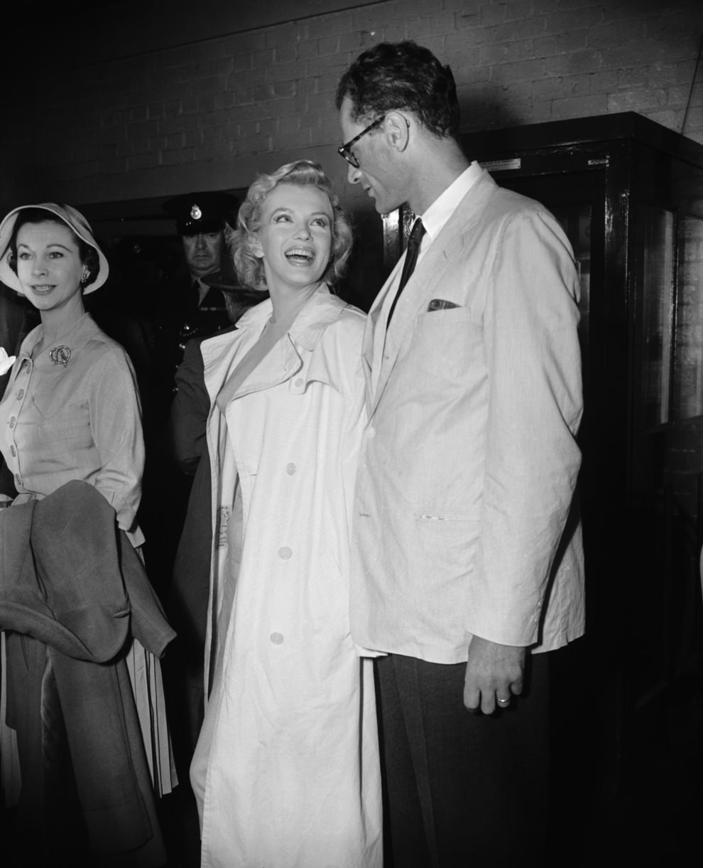 Marilyn Monroe with her husband, playwright Arthur Miller, 1956.