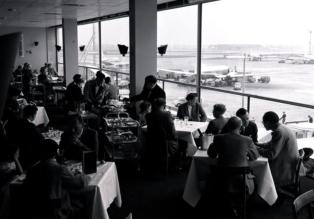 The airside restaurant that overlooks the apron where planes are refueled and passengers embark and disembark. 9th June 1955