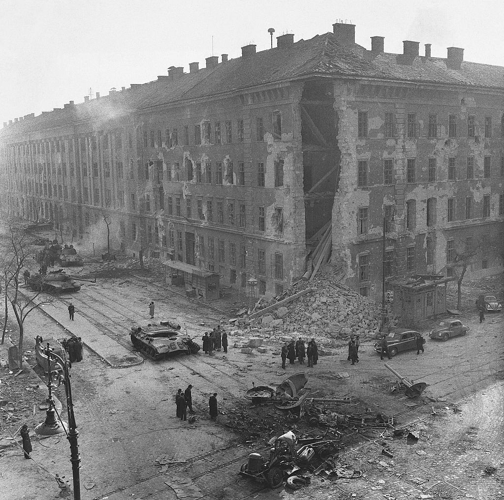 Russian tanks in front of the Kilian Barracks after the invasion of Hungary by Russian troops to suppress the anti-Communist revolution.