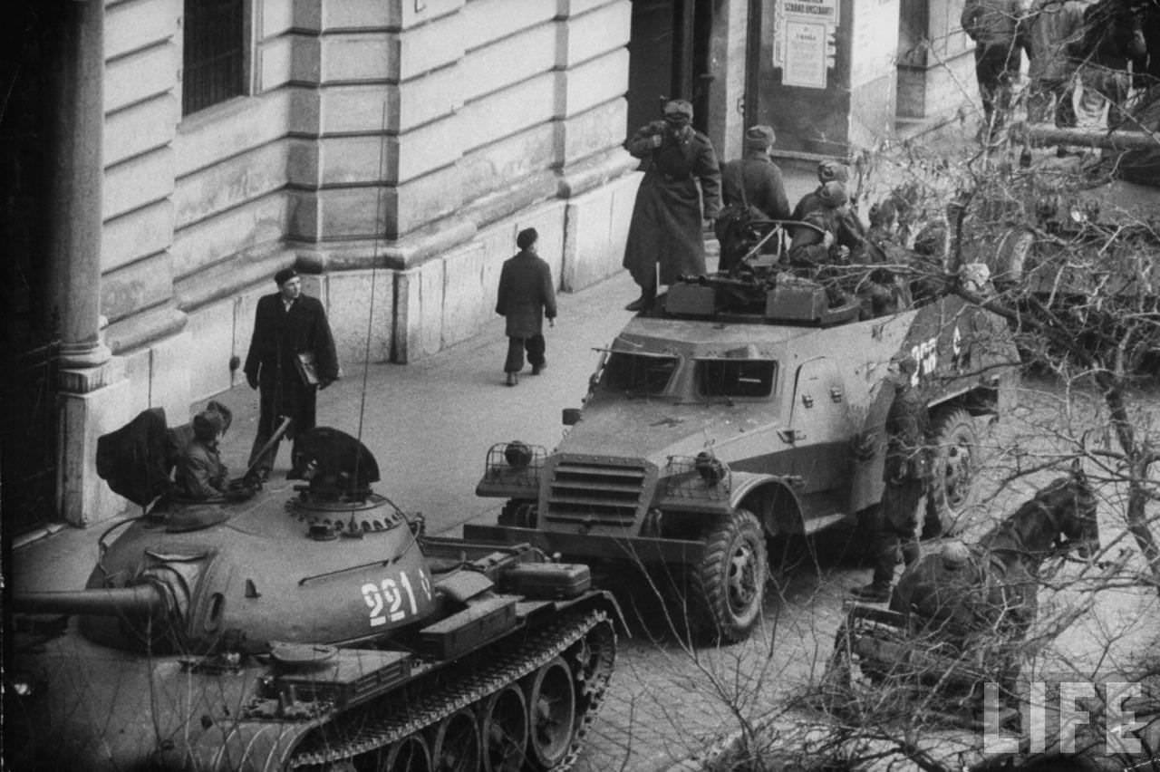 Russian tanks in Budapest following an attempted revolution by Hungarians against Soviet-backed regime.