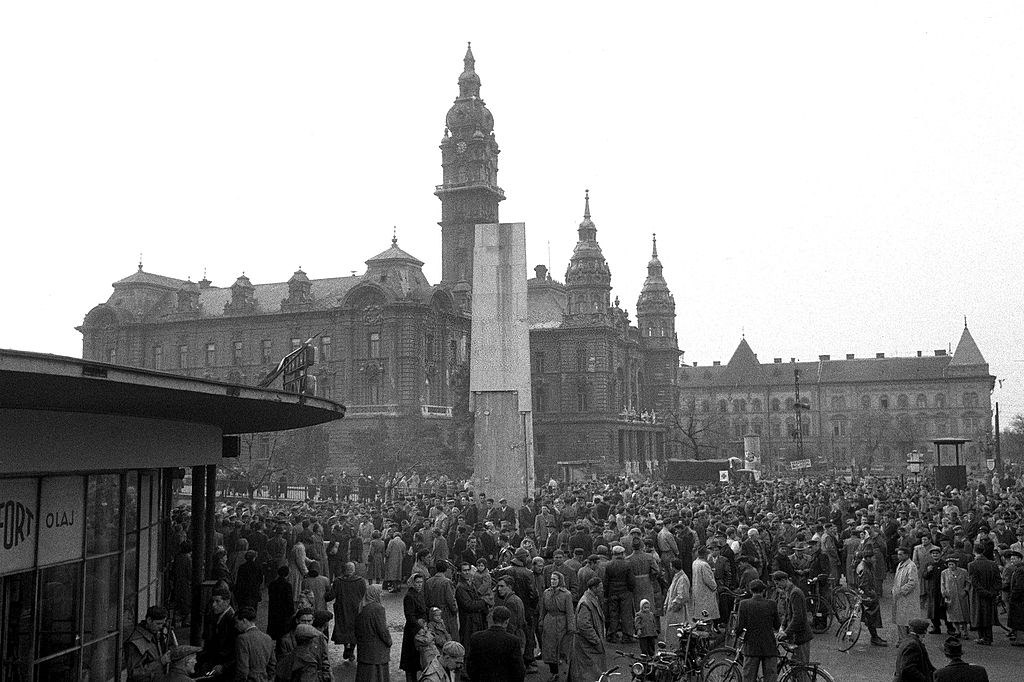 Hungarian town of Gyor, mass rally in front of the town hall in Gyor, Hungary on October 23, 1956