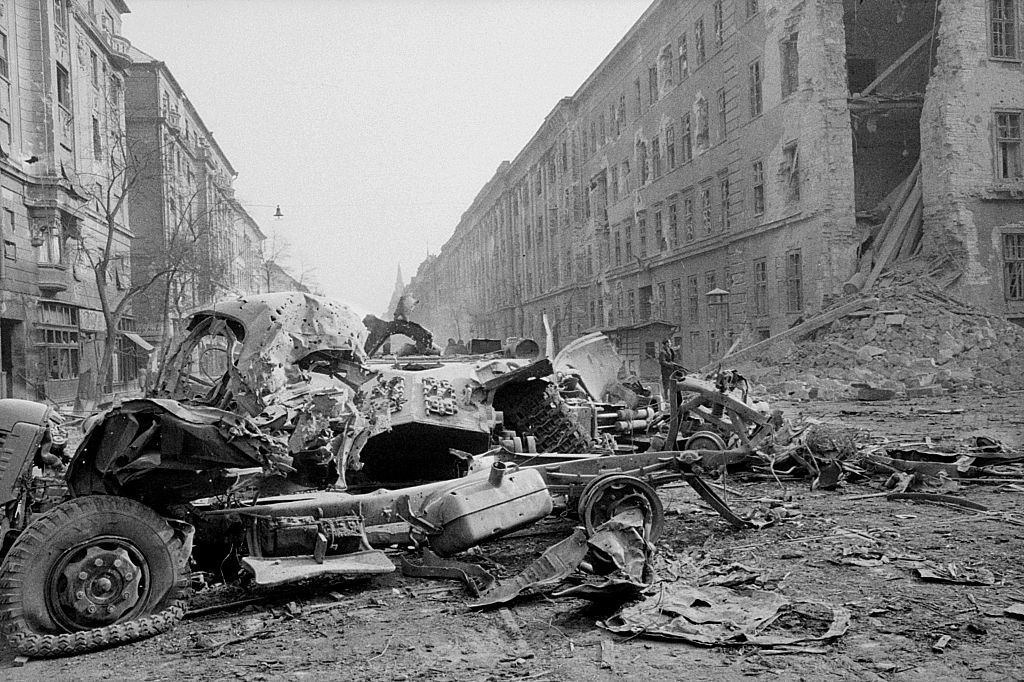 Destroyed vehicles and ruins near the Kilian barracks. Budapest, 29th October 1956.