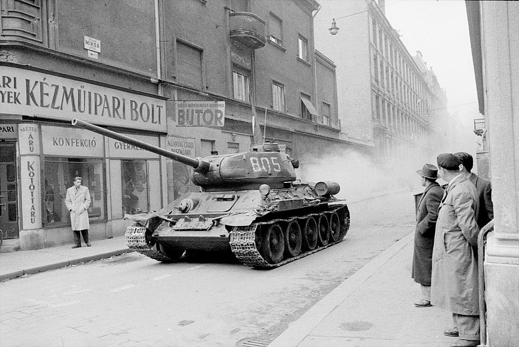 Tank on the street during the riots. Budapest, October 29, 1956.