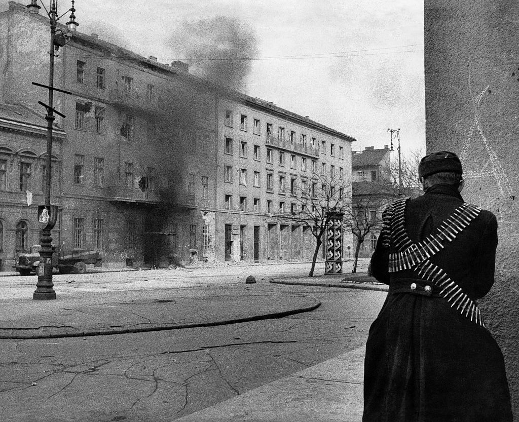 In Koztarsasag square gunmen fighting for the conquest of the headquarters of the Communist Party during the revolt. Budapest, November 1956