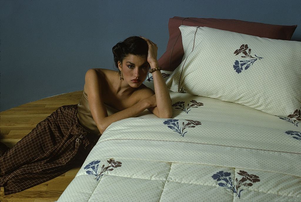 Janice Dickinson dressed in a sleeveless, strapless, champagne-colored top and checkered brown silk trousers, 1978.