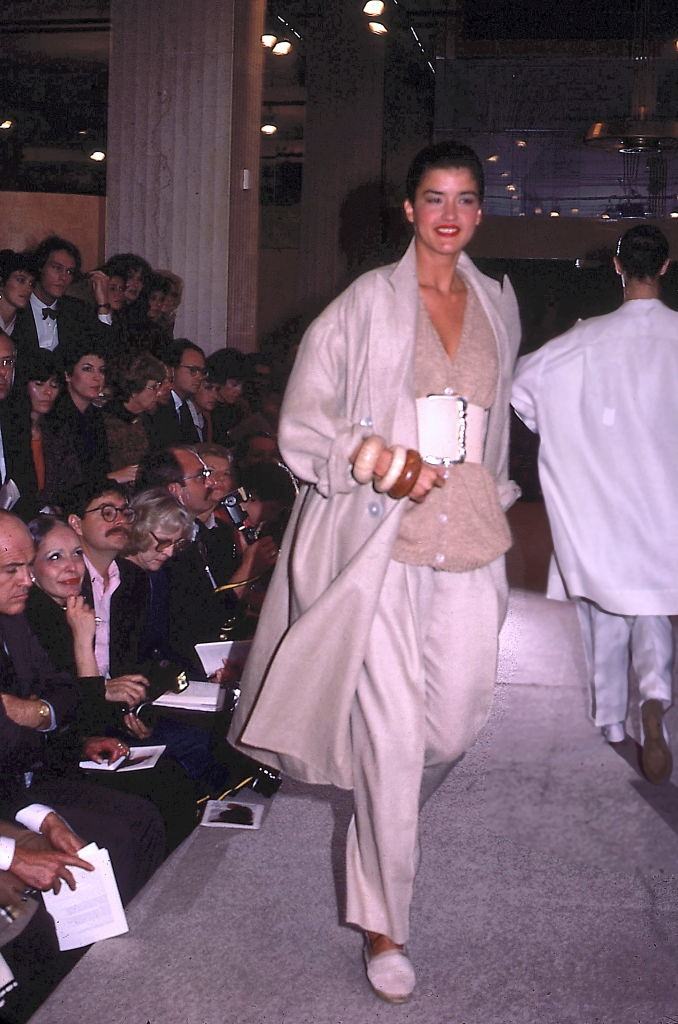 Janice Dickinson on the runway during a Perry Ellis fashion show, 1979.
