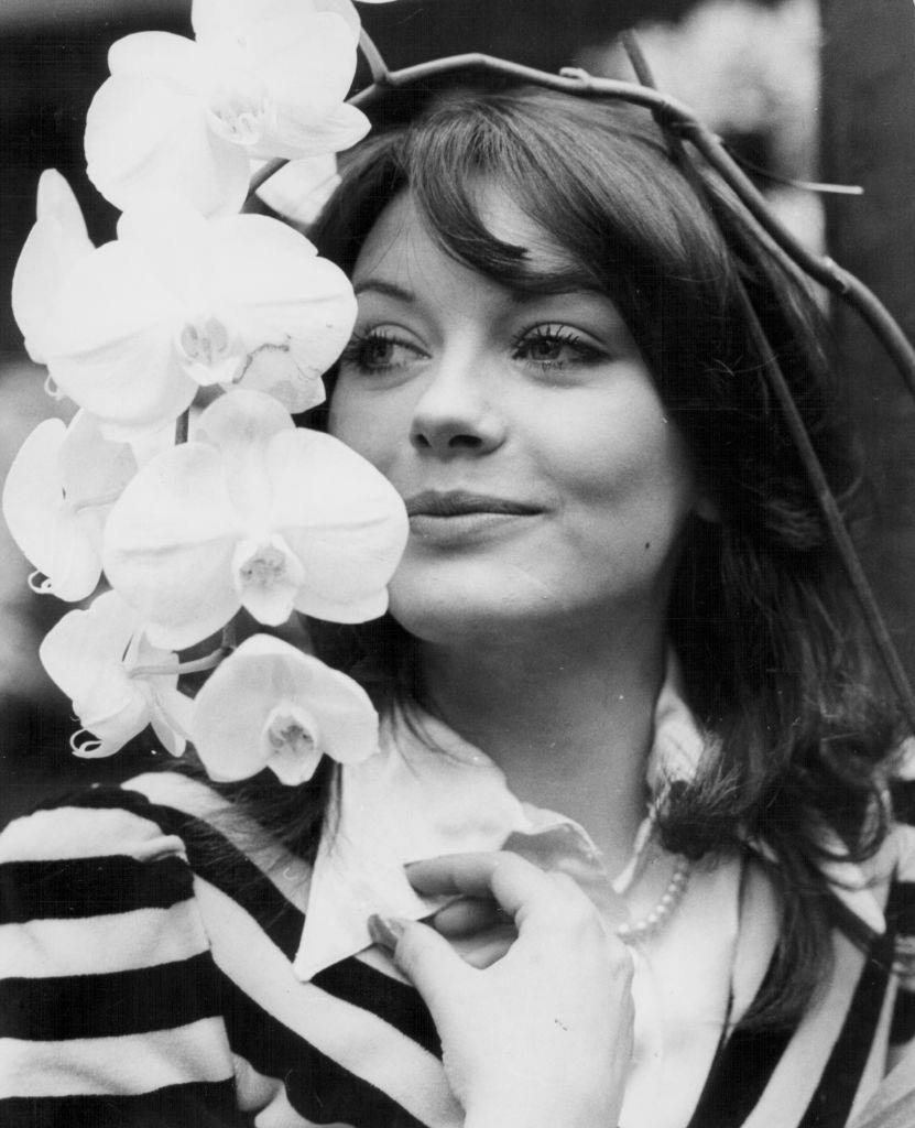 Lesley-Anne Down with the hybrid orchid named after her, 1974.