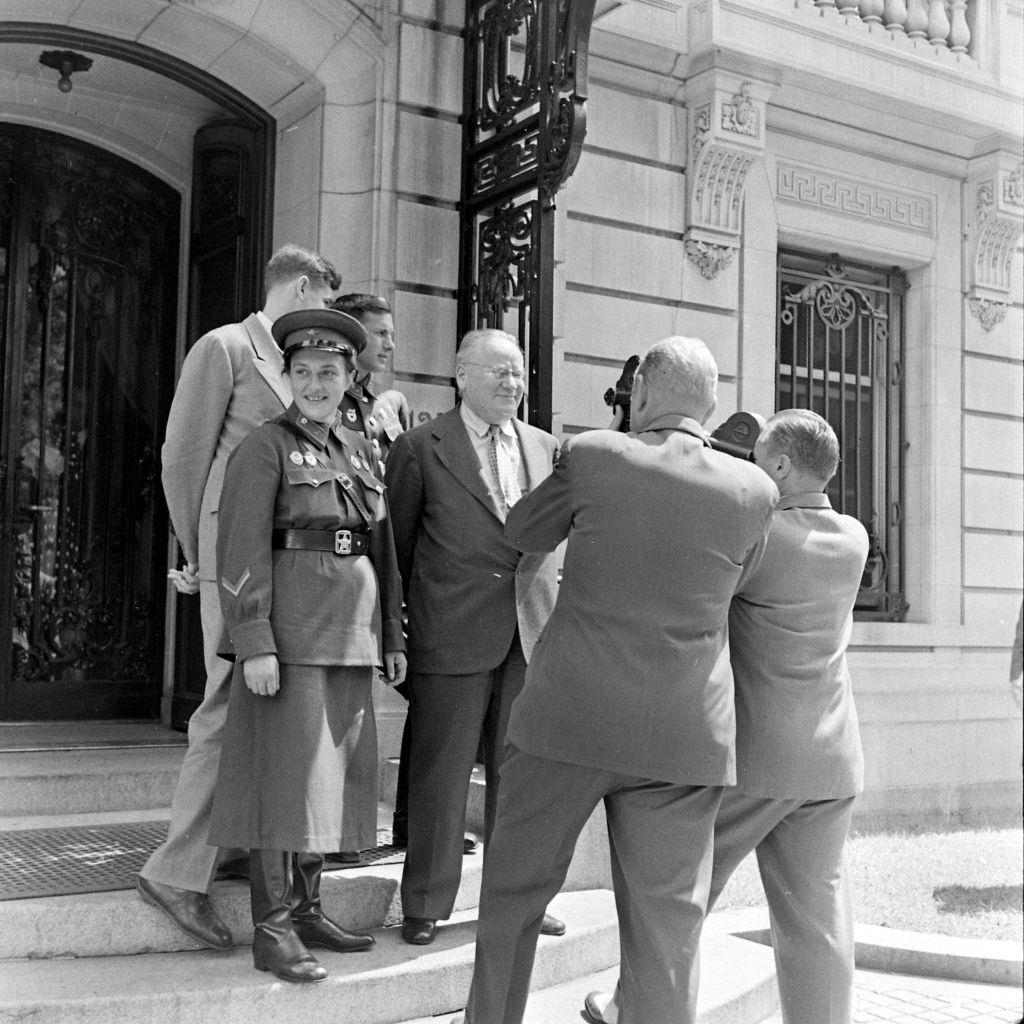 Lyudmila Pavlichenko at Earl's Court, speaks in to a microphone at a 'Tribute to the Soviet Union' event at the Empress Hall in Earl's Court, London, November 7th 1942.