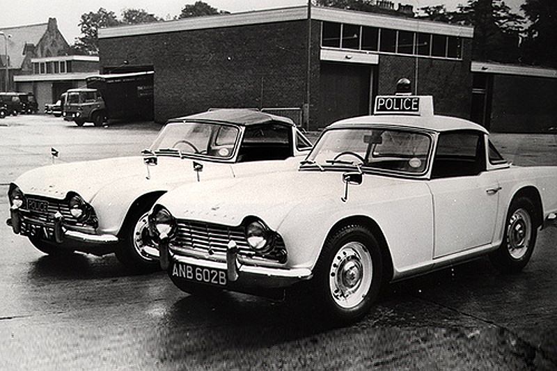 Manchester City Police Triumph TR4 patrol cars in the yard of Longsight Police Station in the mid 1960s.