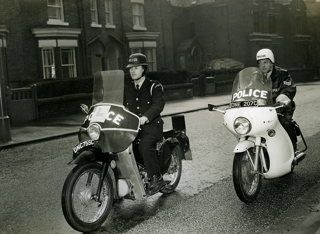 A Manchester City Police cadet under motorcycle riding instruction on the roads of Manchester in 1966