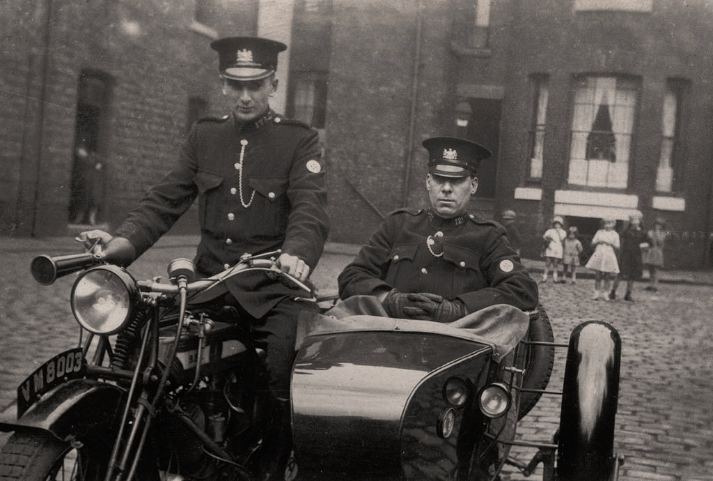 Manchester City Police officers on a sidecar in the 1930s