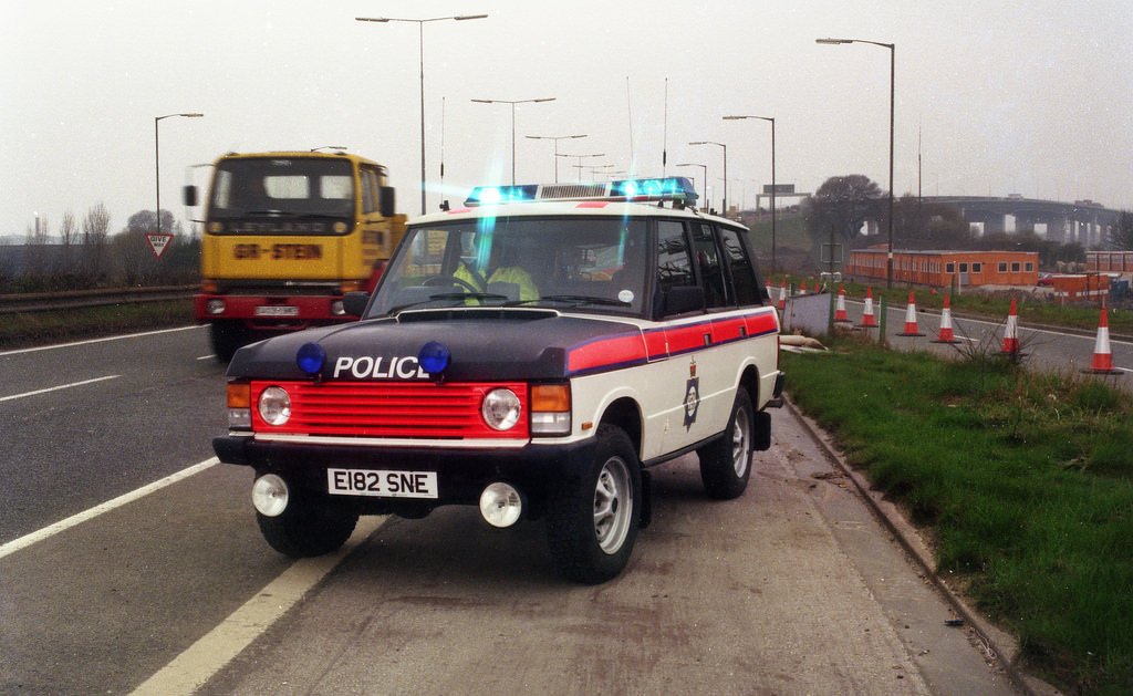 A Greater Manchester Police Range Rover attends the scene of an incident near Barton Bridge in 1988