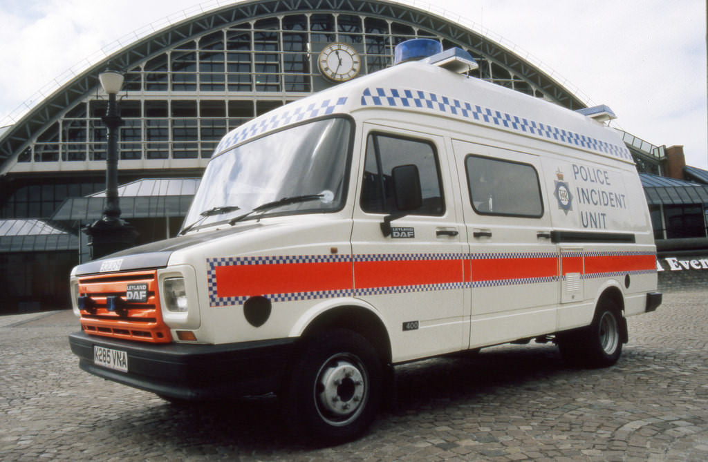A Greater Manchester Police Incident Unit sits on the forecourt of the Greater Manchester Exhibition and Event Centre - commonly known as GMEX - in the early 1990s