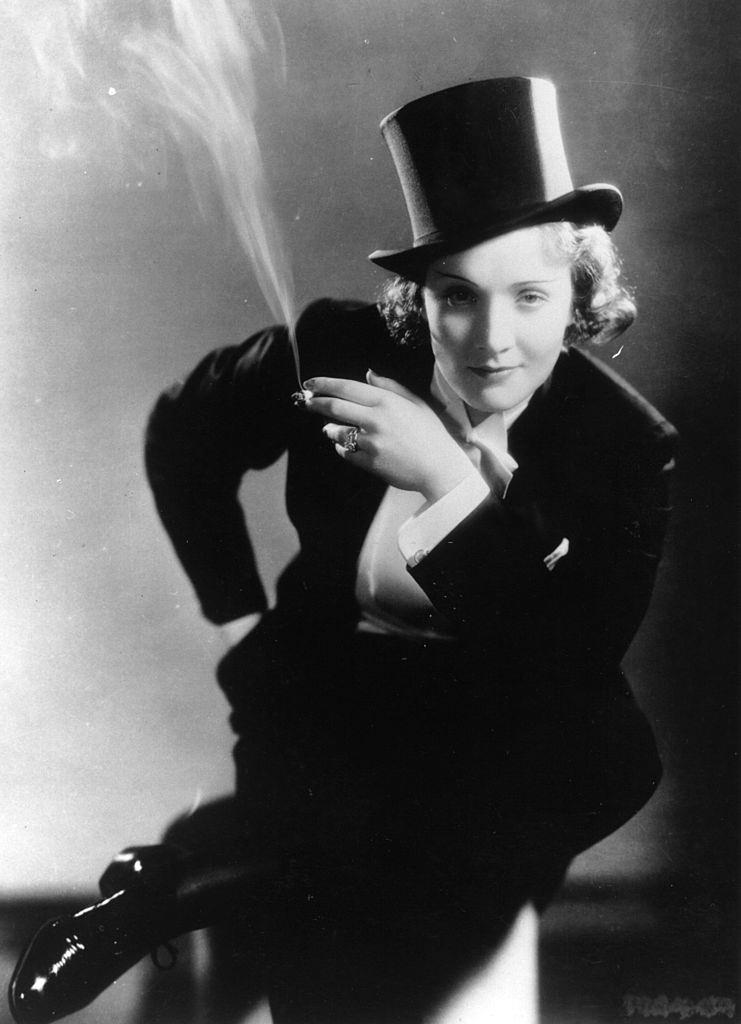 Marlene Dietrich dressed in men's top hat and tails from the film 'Morocco'.