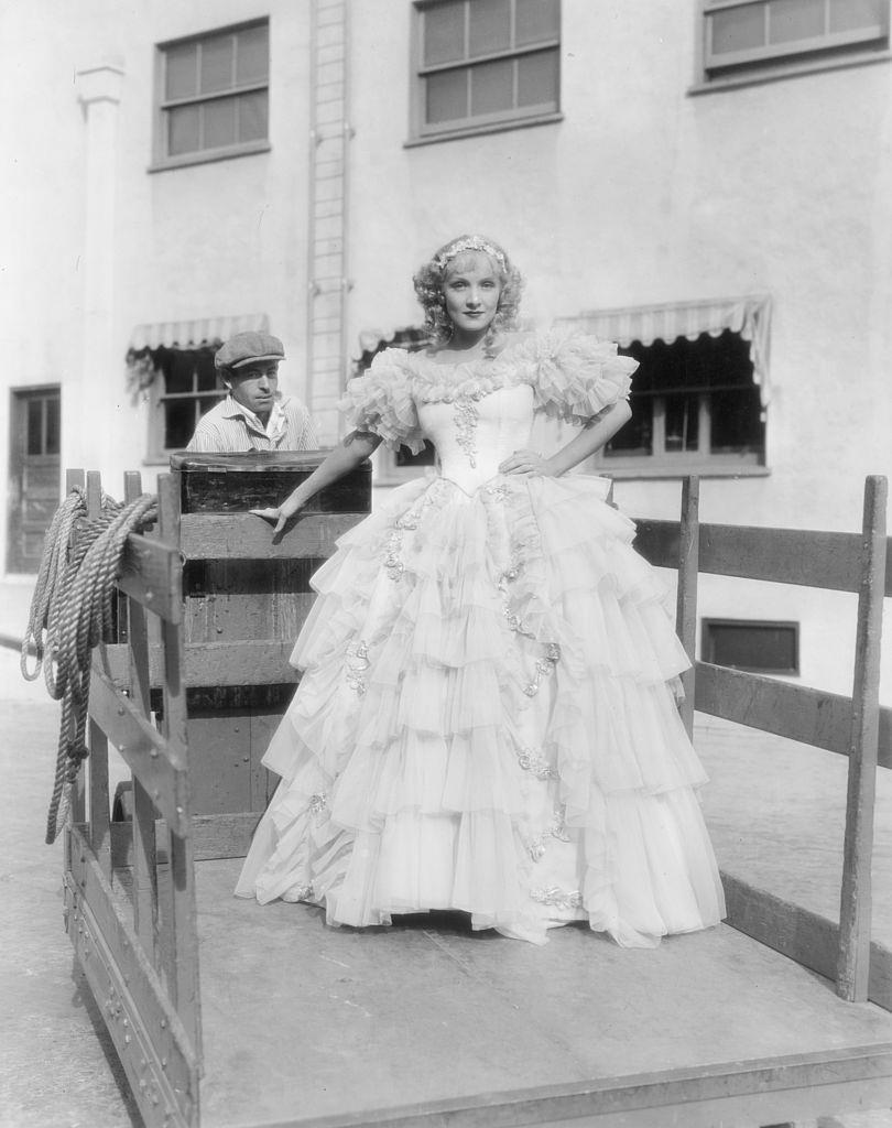 Marlene Dietrich in a ruffled gown, 1933.