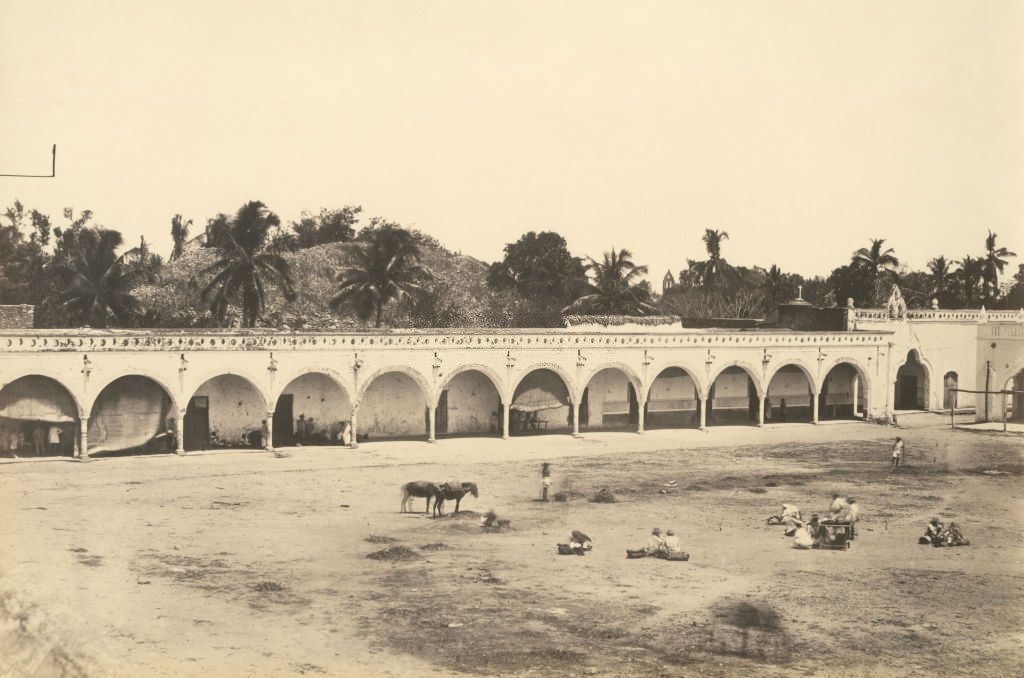 Central square and arcade along the side, Izamal, Mexico, 1870.