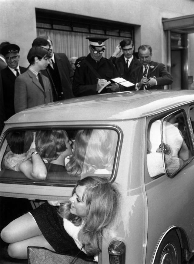 Fifteen Young Women About to Break the World Record for Passengers in a Mini, 1966