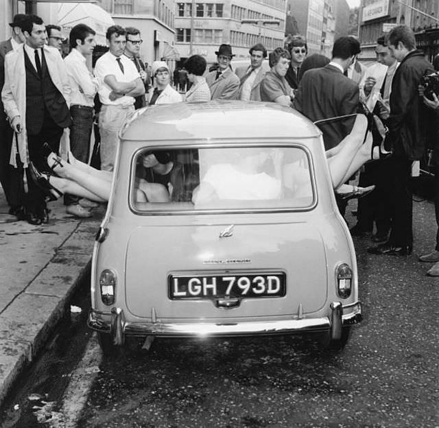 Fifteen Young Women About to Break the World Record for Passengers in a Mini, 1966